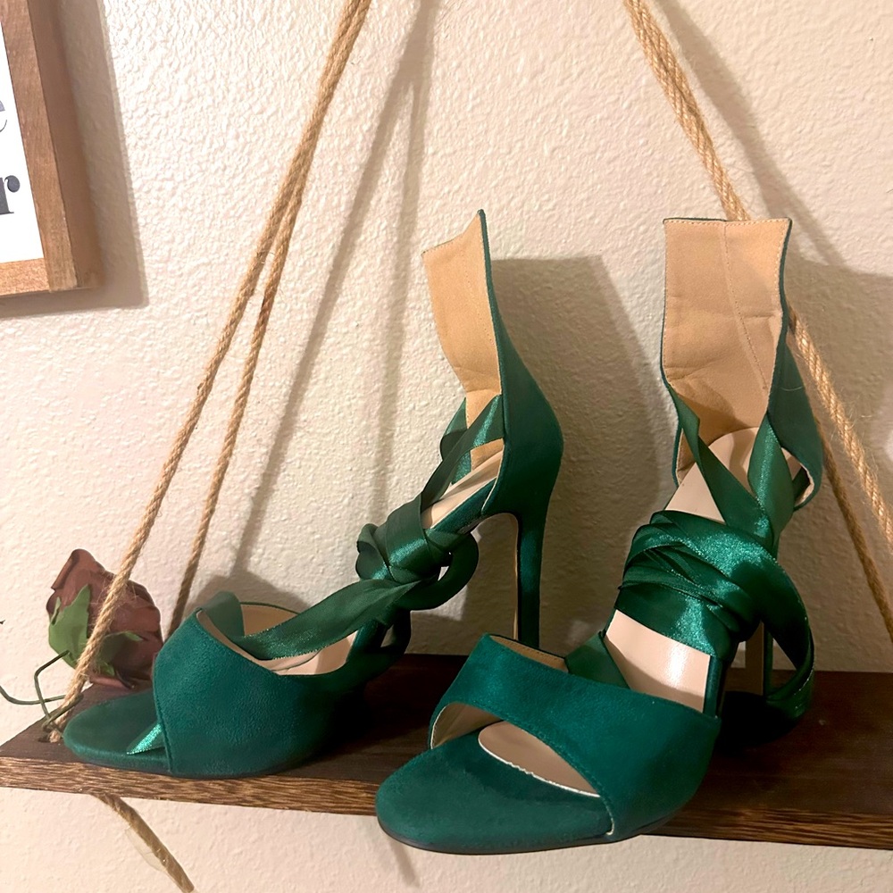 Velvet Green Ribbon Lace Up Heels Good Condition
